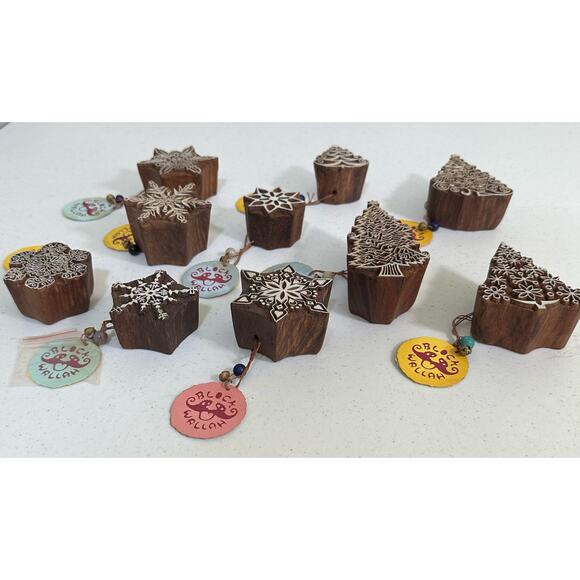 Wallah Wood Textile Printing Blocks Lot of 10 Christmas Winter Indian Handmade